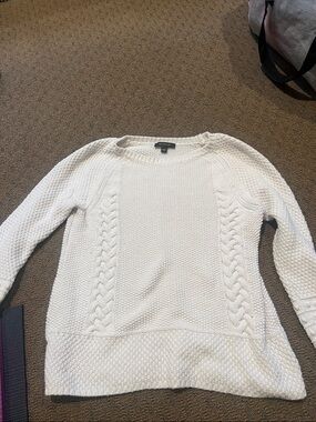 Ann Taylor White Cable-Detail Crewneck Sweater